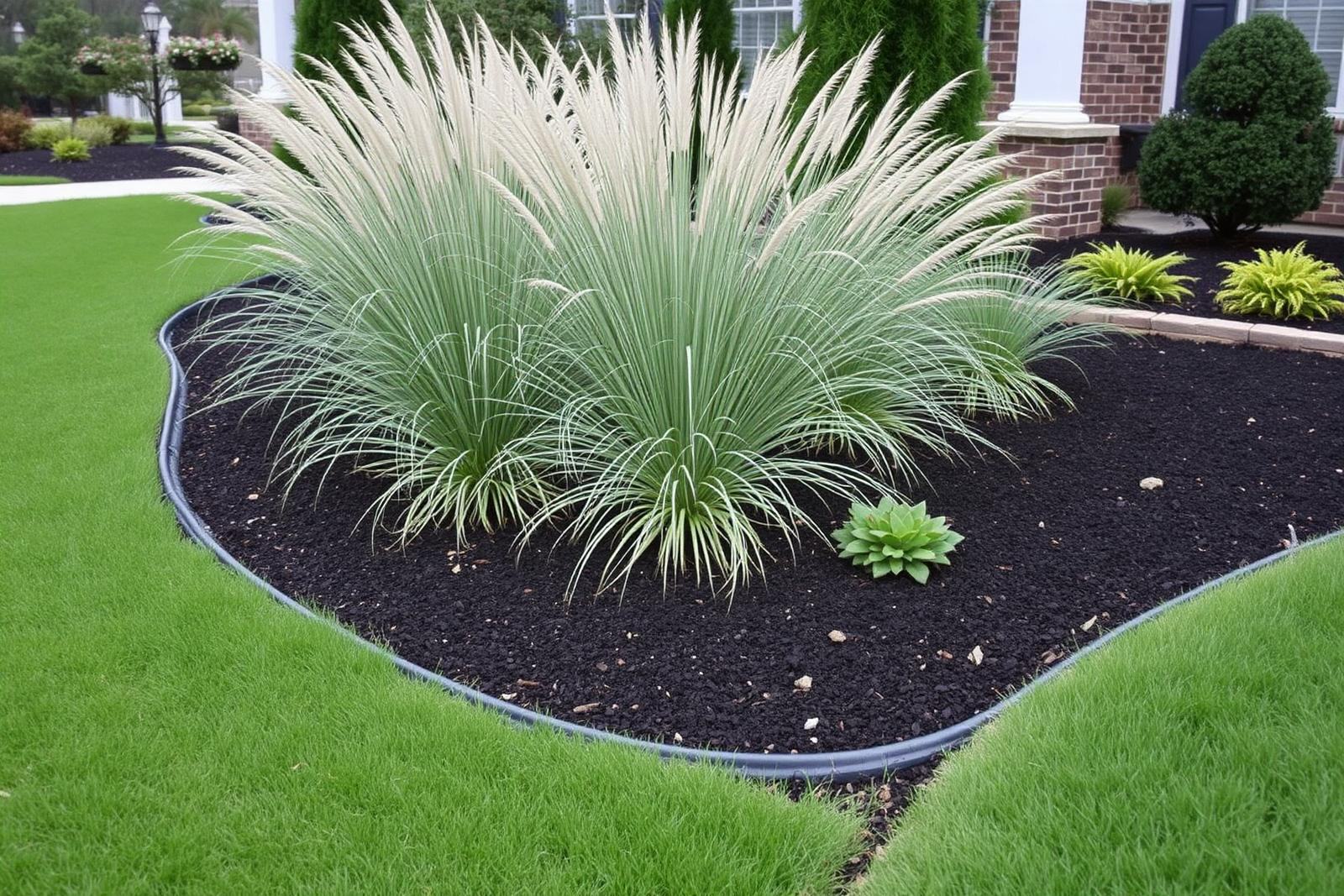 Newly installed landscape bed with steel edging, fresh mulch, and ornamental grasses beside a manicured lawn in Houma, Louisiana