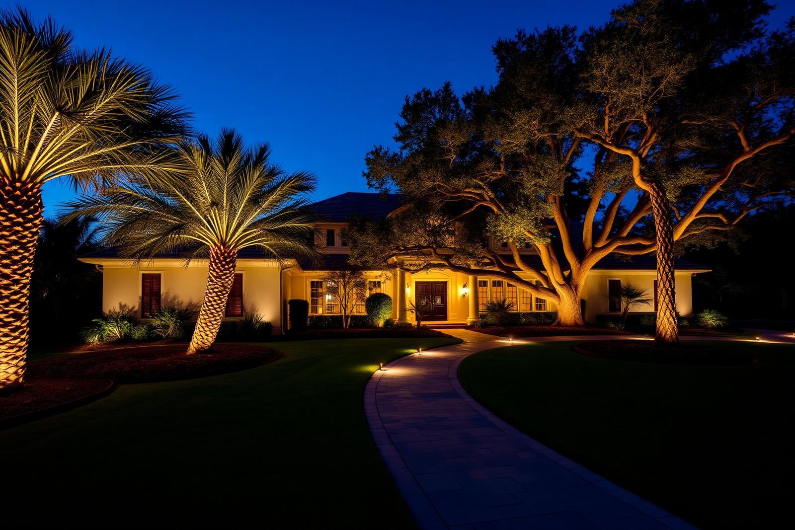 Home with warm architectural landscape lighting on columns and mature oak trees at twilight