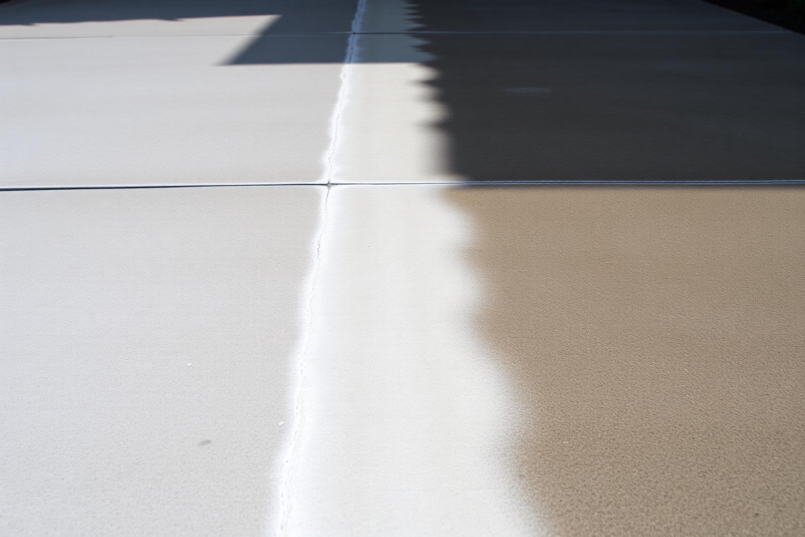 Concrete driveway being cleaned by a surface cleaner, showing a sharp line between dirty and clean concrete
